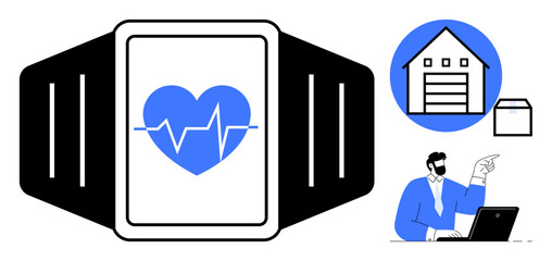 Obraz premium Smartwatch displaying heartbeat, house icon symbolizing e-commerce thumbs up warehousing, man working at laptop, points to productivity, fitness, and monitoring. Ideal for health, management