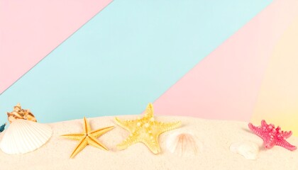 Seashells and starfish on a bed of sand against a pastel background.
