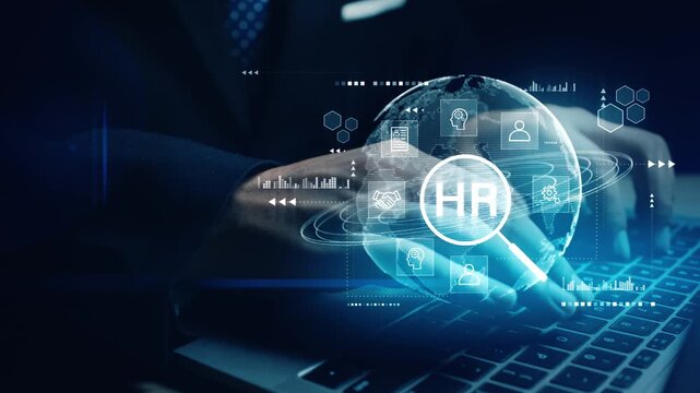 Businessman using laptop with digital HR interface, representing modern recruitment, employee management, and workforce analytics technology.