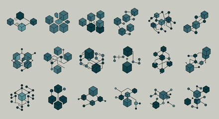 Fototapeta premium A collection of eighteen abstract isometric icons featuring interconnected cubes and hexagons, representing concepts like networks, data, and technology.