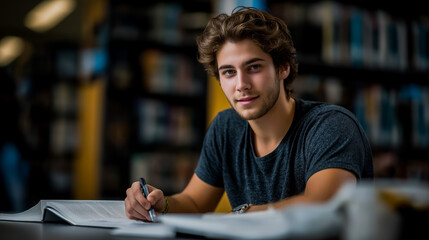 Obraz premium College student managing diabetes during study session in library, academic environment