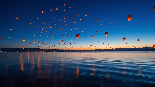 Floating lanterns released over the tranquil waters at night