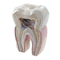 Detailed 3D illustration of a human tooth with cross-section revealing internal anatomy including enamel dentin pulp chamber and nerve fibers
