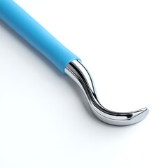 Close-up of a modern stainless steel dental scaler with a sleek blue handle on a clean white background for dental care and hygiene concepts