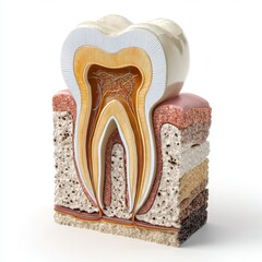 Detailed Cross-Section of a Human Tooth Showing Inner Anatomy including Pulp Chamber Nerves and Blood Vessels with Surrounding Bone and Gums