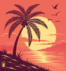 Vector art of silhouette of a palm tree on a tropical island beach at sunset with the sun reflecting on the ocean