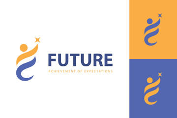 People success Logo Design with F Letter and Abstract Human Reaching Star Concept for education, coaching, business, career development vector graphic symbol
