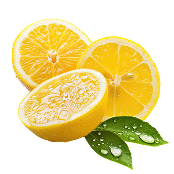 and keyword list based on the image.. Sliced Lemons with Leaves Show Water Droplets on Surface.