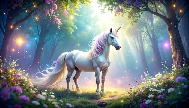 A majestic unicorn strolls through a magical forest bathed in soft light, surrounded by vibrant flowers and sparkling fairy lights. - Powered by Adobe