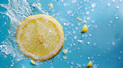 Splash of sliced lemon with water drops over blue background