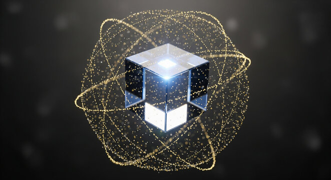 A futuristic cube with glowing light and orbiting particle spheres, representing quantum computing, blockchain, big data, or AI technology in a digital abstract concept - Powered by Adobe