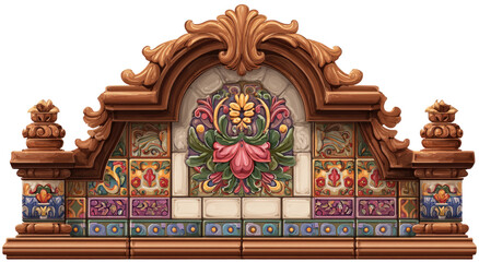 Ornate tilework archway. Decorative wooden arch over a colorful mosaic tile design