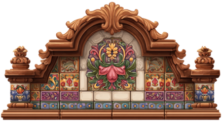 Ornate tilework archway. Decorative wooden arch over a colorful mosaic tile design