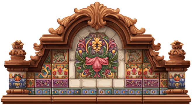 Ornate tilework archway. Decorative wooden arch over a colorful mosaic tile design