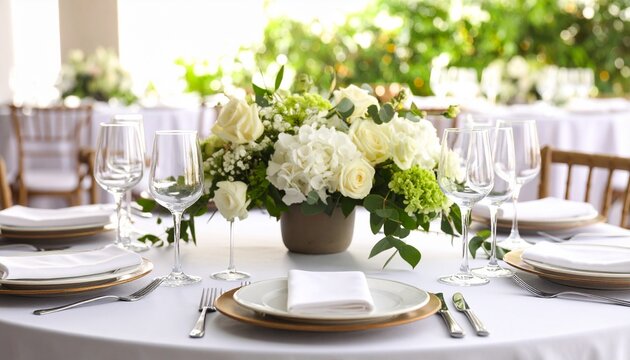 Elegant wedding reception table setting adorned with a lush white and green floral centerpiece, showcasing refined event decor and sophisticated dining arrangements.