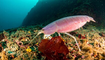 A striking underwater shot of a vibrant pink-purple crustacean, meticulously detailed, traversing a seabed teeming with marine life.