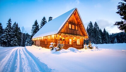 A charming log cabin, adorned with warm holiday lights, stands nestled in a snowy forest at twilight.