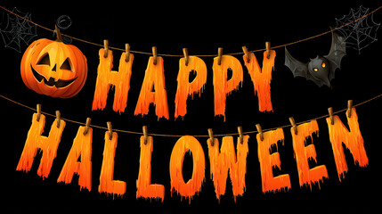Happy Halloween text with pumpkin and bat hanging on string with spider web
