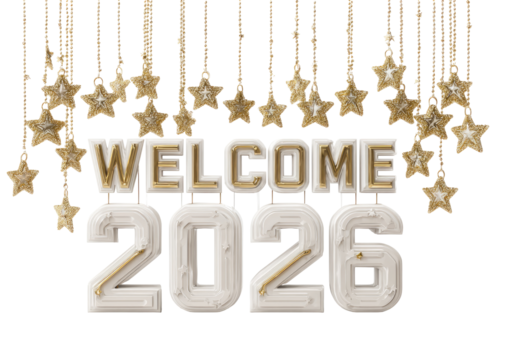 Gold-edged, white 2026 welcome, star-studded