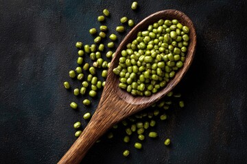 Wooden spoon full of green mung beans