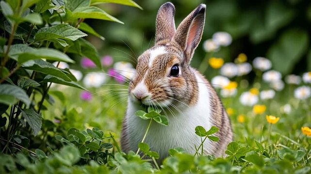 Rabbit Eating Clover in a Flower Garden