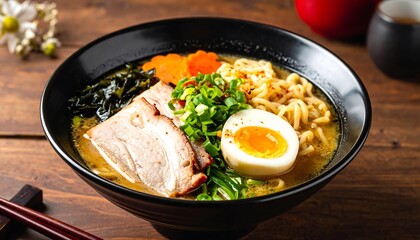 Bowl of ramen with pork, egg, and vegetables.