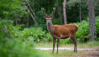 Fototapeta premium A graceful deer standing alert in a lush green forest clearing surrounded by tall trees and dense foliage during daytime
