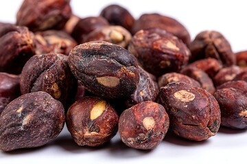 Obraz premium Pile of Organic Shea Nuts Isolated on White Background, Beauty Ingredient CloseUp