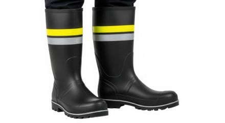 Pair of black rubber rain boots with reflective stripes isolated on transparent background
