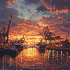 Obraz premium Ships and cranes at a harbor under a vibrant sunset