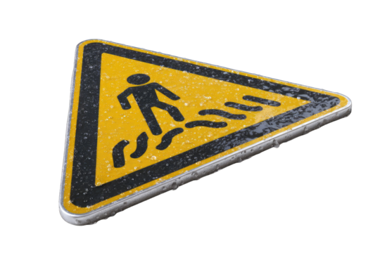 Triangular caution sign with wet surface