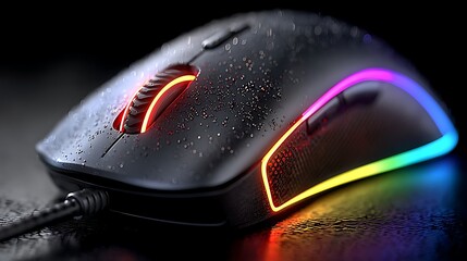 Illuminated gaming mouse with red orange yellow and blue lights on a wet reflective surface