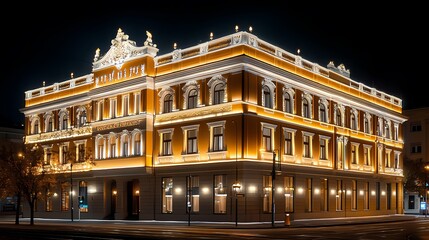 Ornate historical building illuminated at night. Exterior of a grand, classic, European style hotel or government building, lit up with warm golden lights, showcasing architectural details.