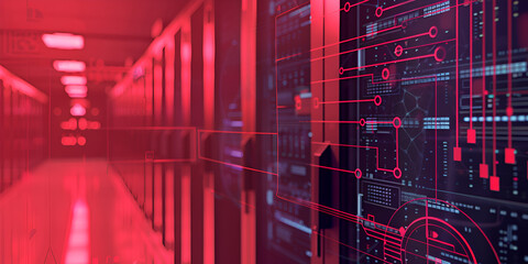 High-tech red server room with digital interface, Cybersecurity and data network in futuristic environment, Modern data center with virtual control overlay