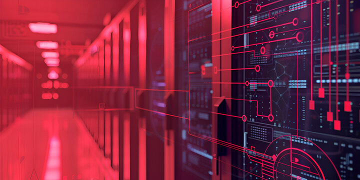 High-tech red server room with digital interface, Cybersecurity and data network in futuristic environment, Modern data center with virtual control overlay
 - Powered by Adobe