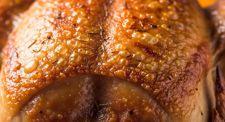 Close up of a perfectly roasted golden brown whole chicken seasoned with herbs and spices juicy and delicious for a family meal or holiday celebration