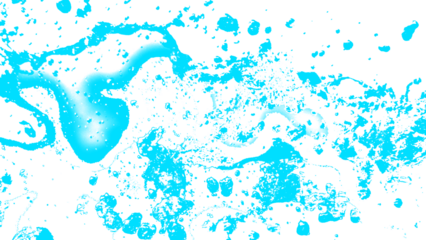 Abstract cyan liquid splatter or ink splash texture. Isolated messy paint spray PNG clip art on a transparent background for a grunge background or creative modern design.