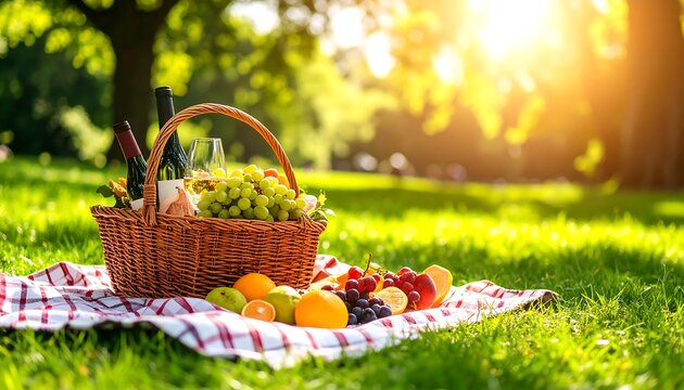 A sunny picnic basket filled with fruits, wine, and bread, sits on a checkered blanket in a park.