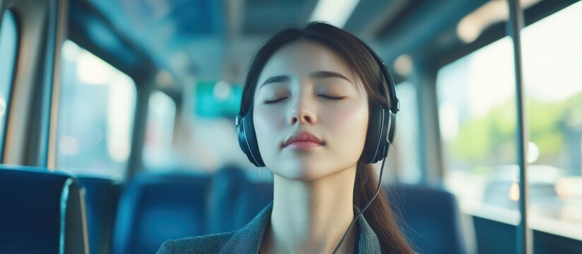 Woman with headphones, enjoying music on a bus - Powered by Adobe