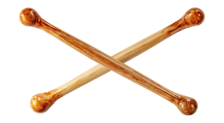 Two light brown wooden rods crossed in an X shape.  Rounded ends.  Isolated on black background