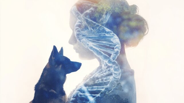 Interwoven dog and human silhouettes against DNA, symbolizing shared health journeys.

