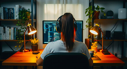 Focused coder deeply engrossed in programming with headphones on at a warmly lit desk