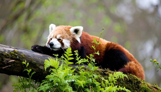 Red panda resting on a mossy log.