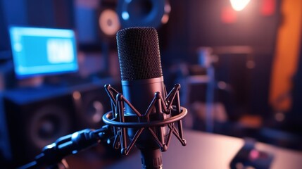 Closeup of a professional podcast microphone resting on a desk in a recording ready podcasting home studio. Selective focus of podcast equipment in empty room, ready to be used for online streaming