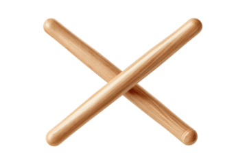 Two light-brown wooden drumsticks crossed, forming an "X