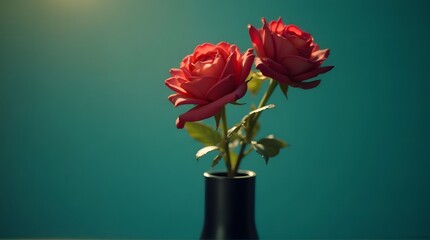 Two Roses in Vase on Blue Background