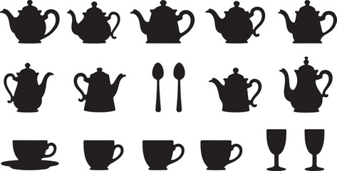 A set of black silhouettes of women and their hands holding coffee and tea cups, mugs, and teapots