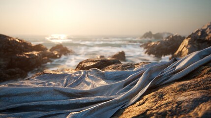 Golden hour seascape with waves hitting rugged coastal rocks, warm sunlight reflecting on water surface creating a glowing, dramatic ocean landscape view
