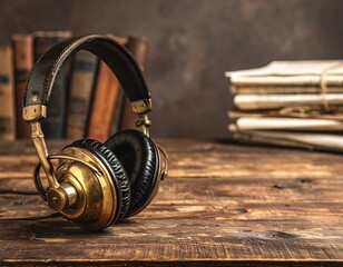 Vintage headphones on rustic wooden table with books and newspapers
