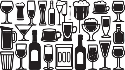 A vintage vector illustration set of different drinks with various glasses and bottles